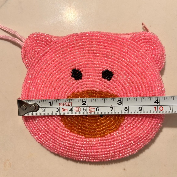 Pink Beaded Pig Face Bag Charm Coin Purse with Zipper - Picture 5 of 7